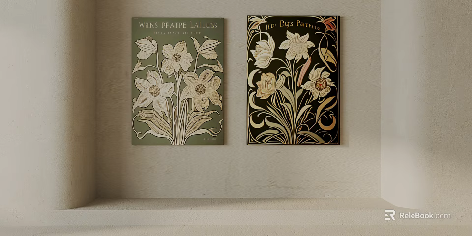 Two Vintage Botanical Paintings with White Flowers Green and Black Backgrounds 3d model 