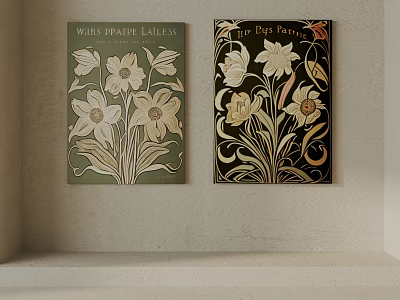Two Vintage Botanical Paintings with White Flowers Green and Black Backgrounds 3d model