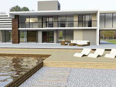 Modern Detached Villa With Large Windows Balcony Swimming Pool And Sun Loungers 3d model