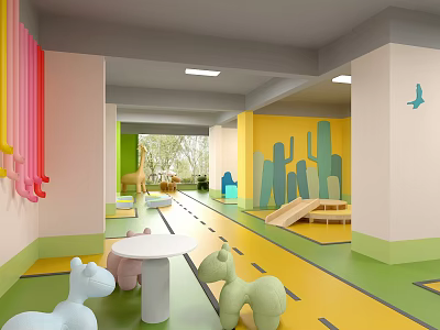 Colorful Kids Play Area With Toys Slide Small Tables Giraffe Decor And Natural Light 3d model