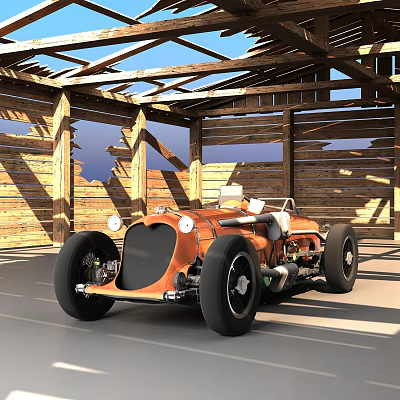 Orange Vintage Race Car Parked In Wooden Garage With Beams And Blue Sky 3d model Orange Vintage Race Car Parked In Wooden Garage With Beams And Blue Sky 3d model
