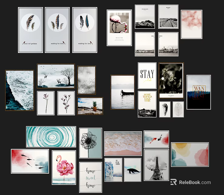 Decorative Gallery Wall With Feather Prints Flamingo Art Typography And Ocean Wave Designs 3d model 