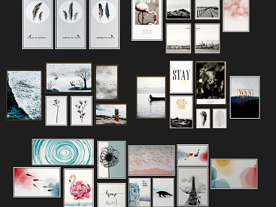 Decorative Gallery Wall With Feather Prints Flamingo Art Typography And Ocean Wave Designs 3d model