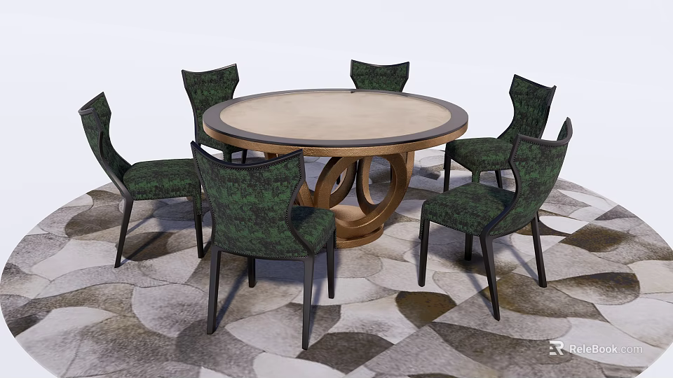Modern Round Dining Table Set With Green Patterned Chairs Black Legs And Geometric Carpet 3d model