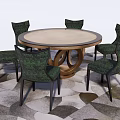 Modern Round Dining Table Set With Green Patterned Chairs Black Legs And Geometric Carpet 3d model