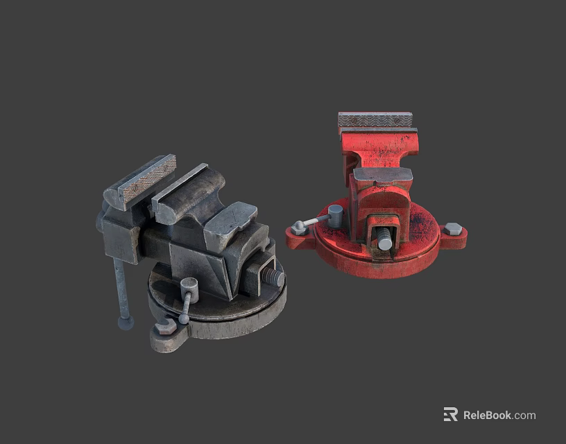 Gray And Red Bench Vises With Clamping Jaws And Heavy Duty Base 3d model 
