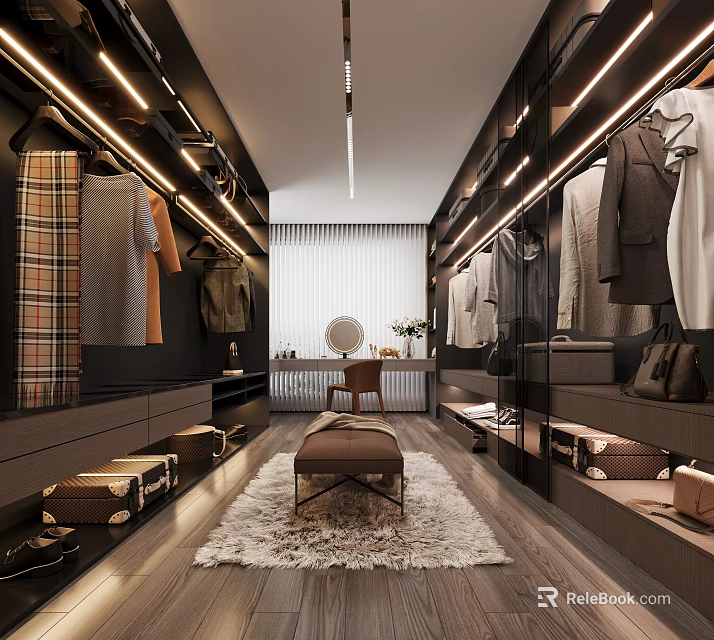 Modern Walk In Closet Interior With Wardrobe Mirror And Rug 3d model 