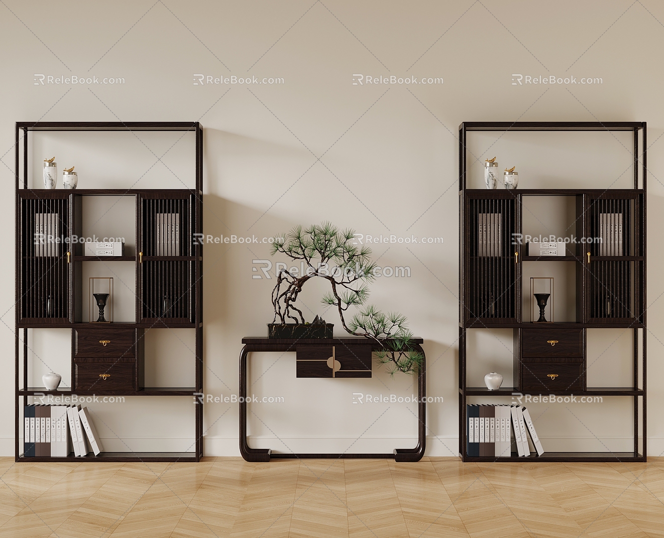 New Chinese Style Entrance Cabinet Bookshelf Storage Rack Potted Plant 3d model