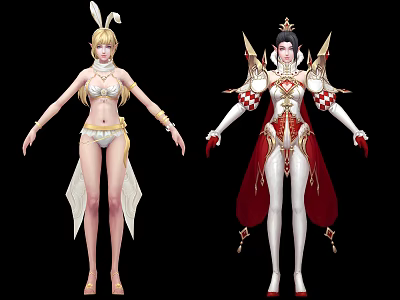 Game and Movie Characters with Rabbit Ears Crown Red Cape and Ornate Costumes 3d model