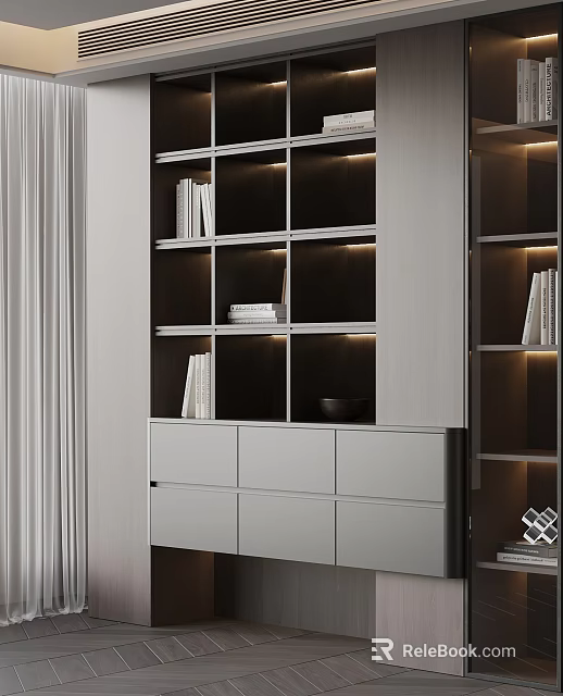 Modern Bookcase Design With Open Shelves Integrated Lighting Closed Drawers Books And Decorative Items 3d model 