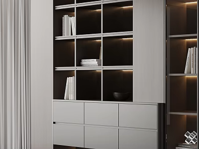 Modern Bookcase Design With Open Shelves Integrated Lighting Closed Drawers Books And Decorative Items 3d model