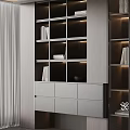 Modern Bookcase Design With Open Shelves Integrated Lighting Closed Drawers Books And Decorative Items