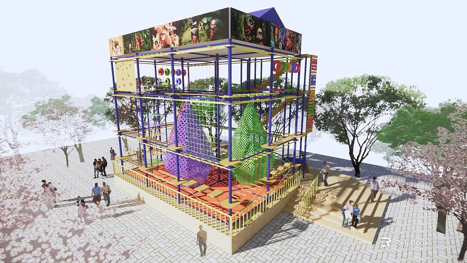 Colorful Multi Level Kids Playground With Climbing Nets And Surrounding Trees 3d model 