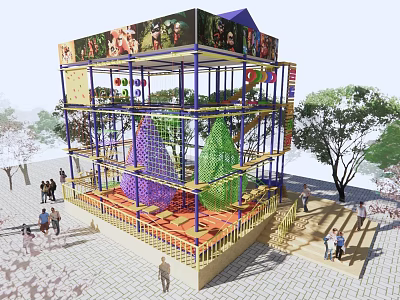 Colorful Multi Level Kids Playground With Climbing Nets And Surrounding Trees 3d model