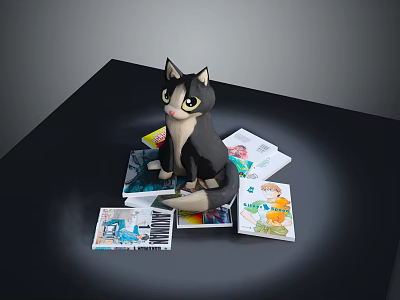 Black And White Cat Doll Sitting On Stack Of Children Books With Colorful Covers 3d model