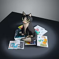 Black And White Cat Doll Sitting On Stack Of Children Books With Colorful Covers