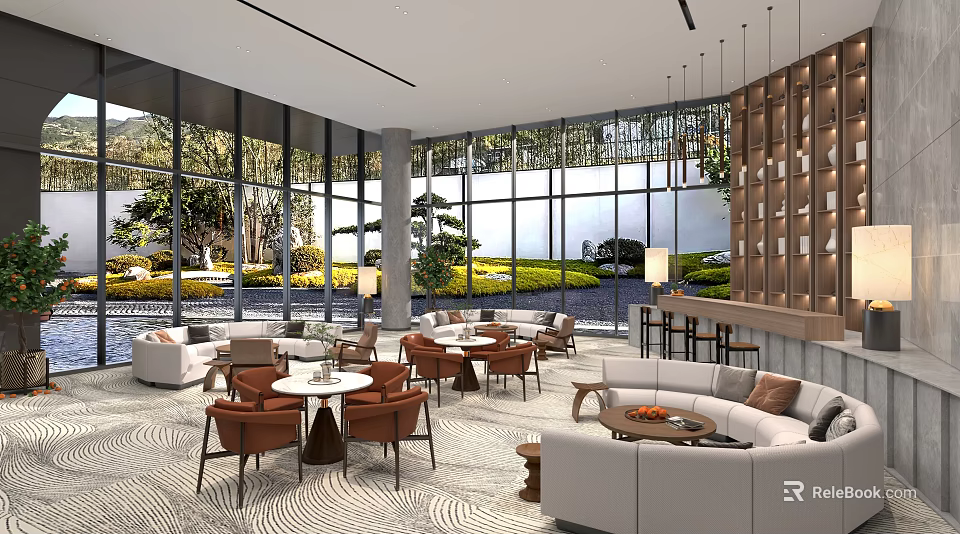 Modern Bright Sales Office Reception Lounge With Cozy Seats And Panoramic Outdoor Garden View 3d model 
