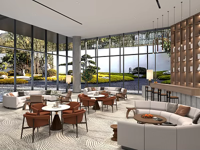 Modern Bright Sales Office Reception Lounge With Cozy Seats And Panoramic Outdoor Garden View 3d model