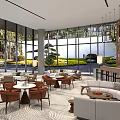 Modern Bright Sales Office Reception Lounge With Cozy Seats And Panoramic Outdoor Garden View