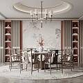 Chinese Style Restaurant Interior With Round Dining Table Chandelier Landscape Painting And Round Rug
