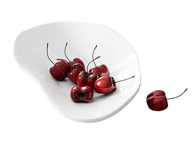 Fresh Ripe Cherries Placed In White Ceramic Plate With One Extra Cherry 3d model