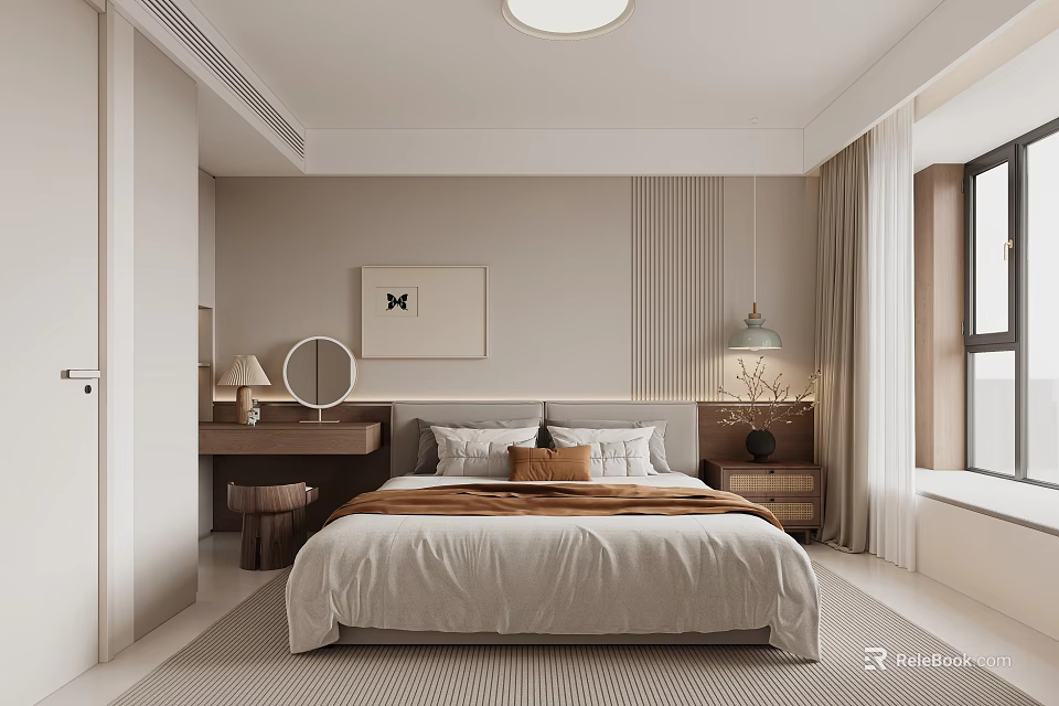 Modern Cozy Bedroom Interior With Comfortable Bed Nightstand Pendant Light And Decorative Painting 3d model 