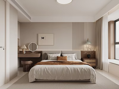 Modern Cozy Bedroom Interior With Comfortable Bed Nightstand Pendant Light And Decorative Painting 3d model