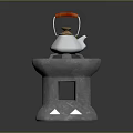 Silver Teapot With Red Handle On Gray Stone Base Featuring Geometric Hollow Design