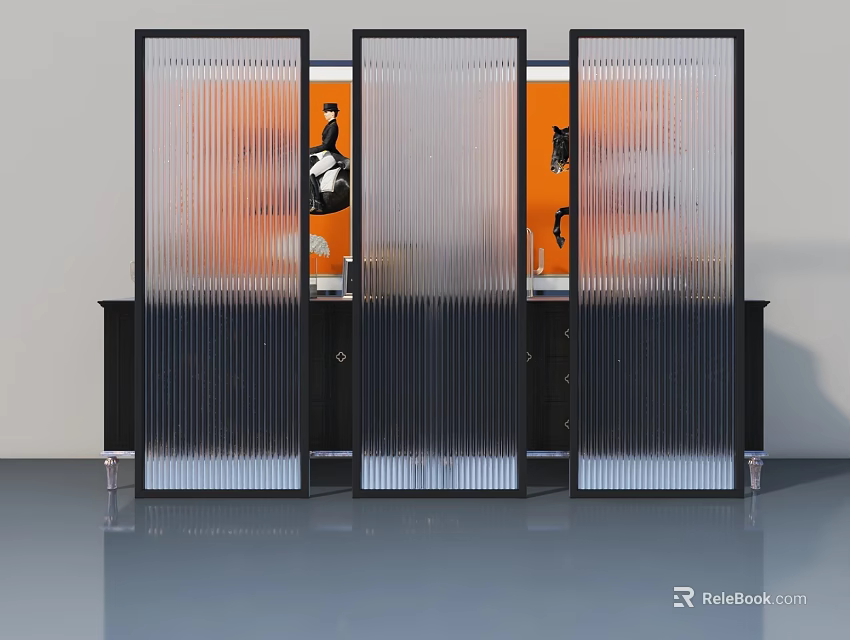 Modern Ribbed Glass Swing Doors With Black Frames And Orange Background 3d model