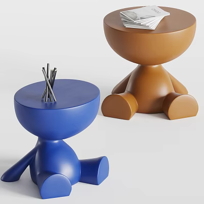 Stylish Blue and Brown Side Tables with Seated Figure Design Metal Sticks and Book 3d model