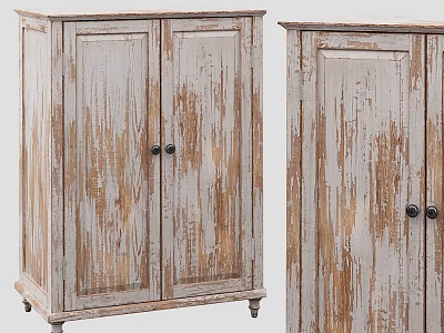 Distressed Wooden Wardrobe with Double Doors White Wood Finish Black Handles Wheels and Simple Panels 3d model