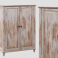 Distressed Wooden Wardrobe with Double Doors White Wood Finish Black Handles Wheels and Simple Panels