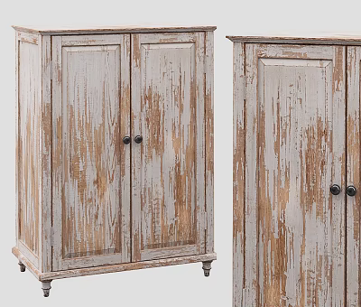 Distressed Wooden Wardrobe with Double Doors White Wood Finish Black Handles Wheels and Simple Panels 3d model