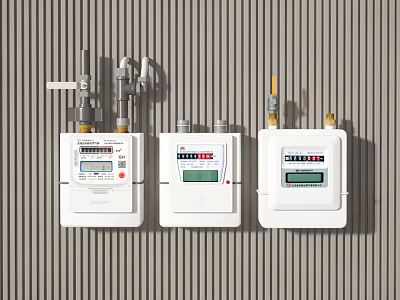 Three White CHINAGAS Gas Meters With Digital Displays On Striped Wall 3d model