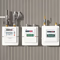 Three White CHINAGAS Gas Meters With Digital Displays On Striped Wall