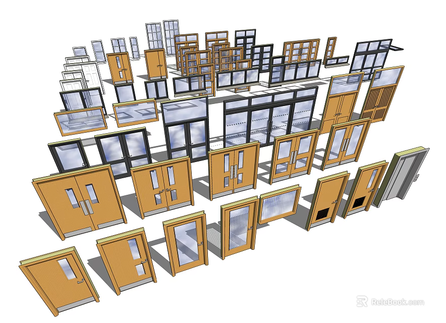 Diverse Collection of Doors and Windows with Wooden Frames and Glass Designs 3d model 