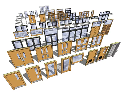 Diverse Collection of Doors and Windows with Wooden Frames and Glass Designs 3d model