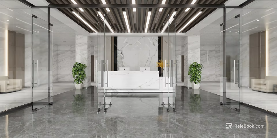 Modern Front Desk Reception Area With Marble Counter Green Plants And Glass Partitions 3d model 
