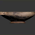Terracotta Bowl Sculpture With Carved Red Brown Surface Patterns And Double Handles