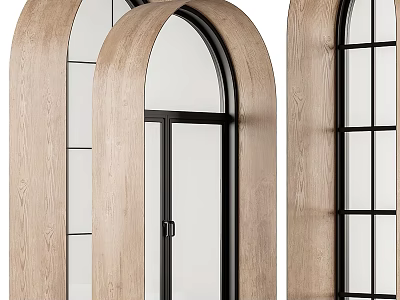 Wooden Framed Casement Window With Arched Design And Black Metal Glass Details 3d model