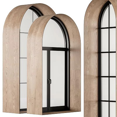 Wooden Framed Casement Window With Arched Design And Black Metal Glass Details 3d model
