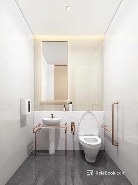 Public Restroom Modern Design With White Tiled Walls Large Mirror Brass Handrails And White Toilet 3d model 
