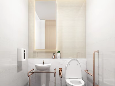 Public Restroom Modern Design With White Tiled Walls Large Mirror Brass Handrails And White Toilet 3d model