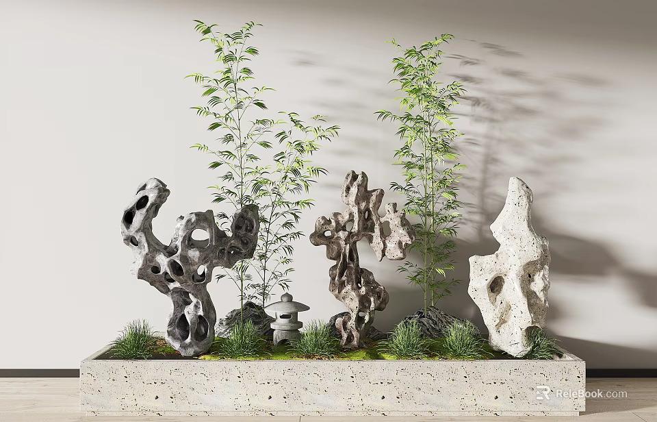 Garden Ornaments Display With Hollow Rocks Green Plants And Mossy Ground 3d model 