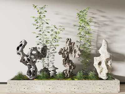 Garden Ornaments Display With Hollow Rocks Green Plants And Mossy Ground 3d model
