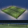 Outdoor Tennis Court Facility With Green Surface Fencing Benches And Lighting