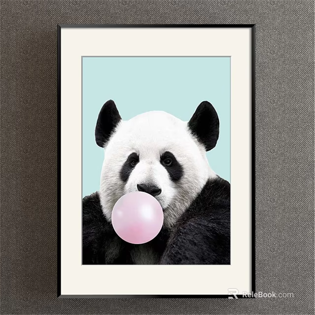 Framed Animal Painting of Cute Panda with Pink Bubblegum on Light Green Background 3d model 