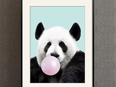 Framed Animal Painting of Cute Panda with Pink Bubblegum on Light Green Background 3d model