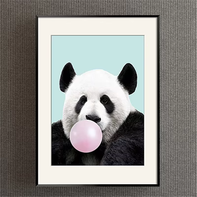 Framed Animal Painting of Cute Panda with Pink Bubblegum on Light Green Background 3d model