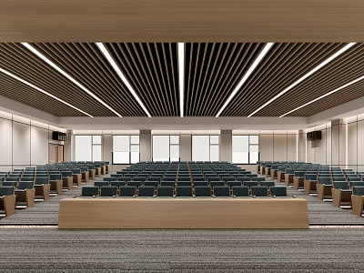 Large Conference Room Interior Featuring Multiple Rows Seats Wooden Podium Striped Ceiling Lighting and Windows 3d model